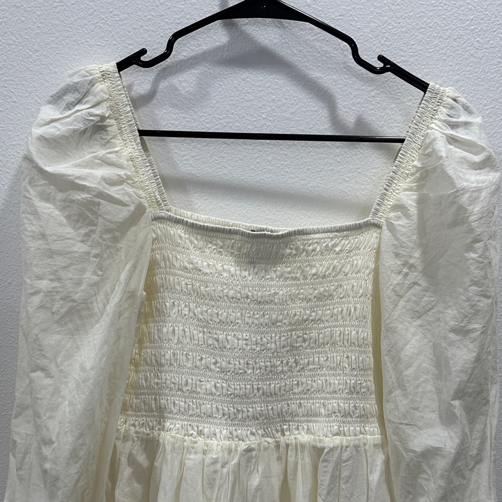 Elegant Ivory Cream Smocked Bodice Minidress long puff sleeve peasant Spring - Picture 4 of 8